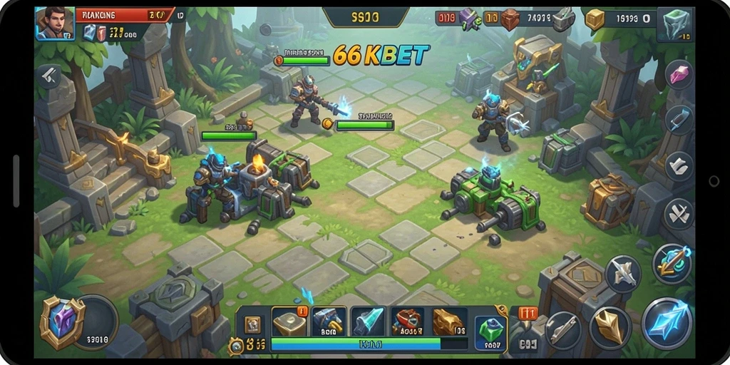 Gameplay 66KBET dengan menara dan musuh yang menegangkan.