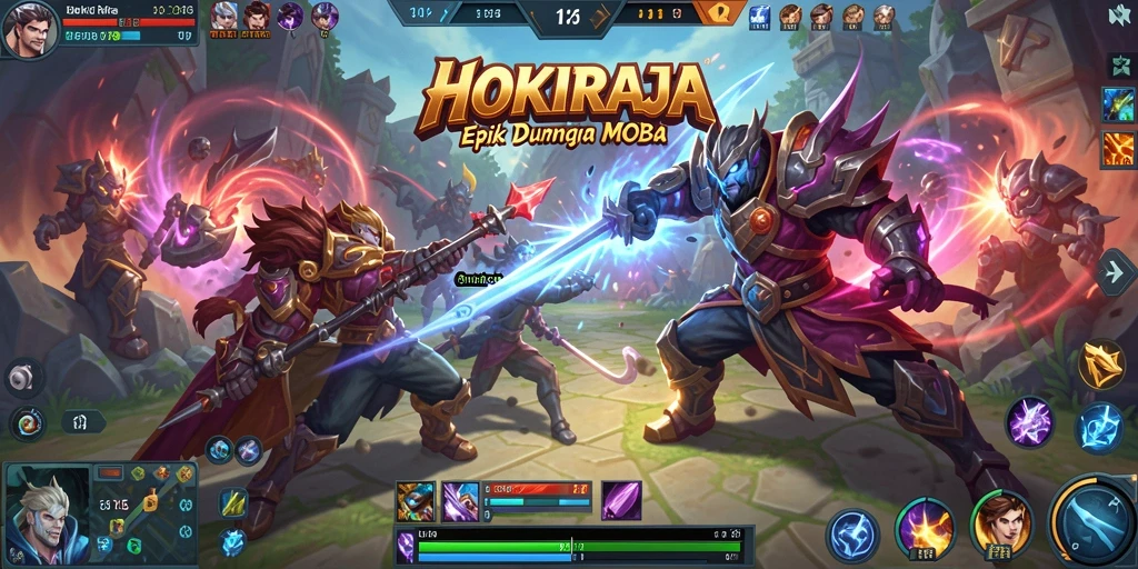 Screenshot HOKIRAJA menampilkan pertarungan seru dalam permainan MOBA.